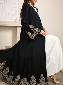 Al Najma 女士花卉刺绣网眼喇叭袖优雅长袖长袍，端庄休闲开襟长袍，适合晚会/婚礼嘉宾/周年纪念 - 黑色 - 查看 7