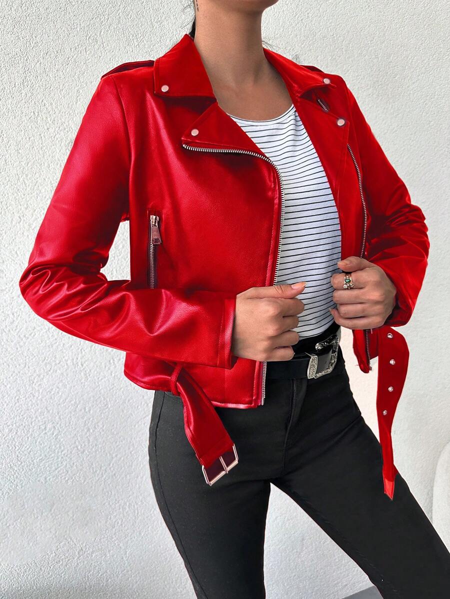 Dây kéo Thắt lưng chất liệu da PU Áo khoác moto - Đỏ - Xem 1