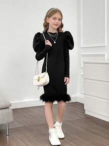 Robe de fête élégante pour jeunes filles avec col châle, manches gigot, panneaux tricotés et garniture moelleuse, pour Noël - Noir - Voir 4