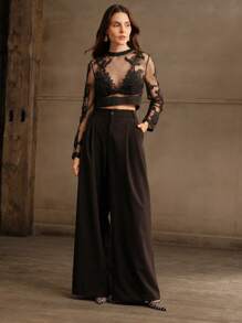 Anewsta Women's Sexy Elegant Party Blouse With Crochet Mesh Embroidery, Luxurious Evening Dress For Valentine's Day & Carnival, Spring - Black - View 4