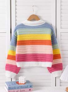 Tween Girl Autumn/Winter Colorful Striped Turtleneck Loose Casual Sweater Pullover, Thick Fuzzy, Suitable For Outdoor Activities, Parties And Casual Outings