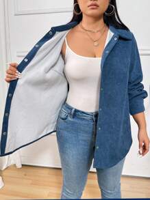 Calvaya Plus Size Women's Plain Color Long Sleeve Single-Breasted Casual Loose Jacket, Spring & Autumn - Navy Blue - View 8