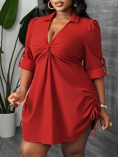 Slaydiva Elegant & Everyday & Commute & Party & Date Sexy Fitted Solid Rust Red Long Sleeve Shirt Collar Twisted Front Drawstring Waist Plus Size Mini Shirt Dress For Women, Spring Autumn