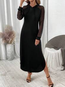 SHEIN Clasi Lace Long Sleeve Dress, Hooded, Dolman Sleeve, Thigh High Slit Fall Cloth For Women - Black - View 7