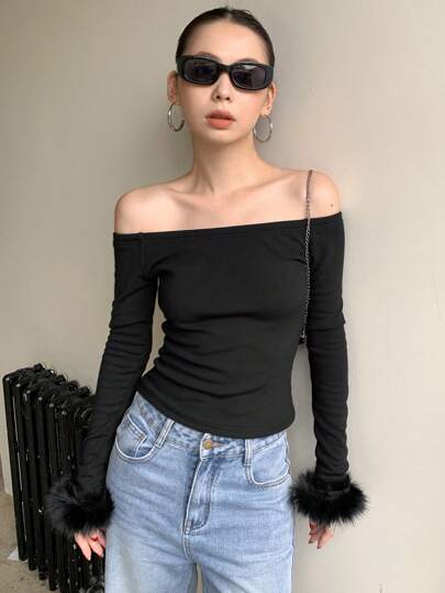 DAZY Chemise de pyjama femme à épaules dénudées avec doublure thermique, patchwork et poignets en fourrure