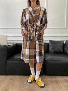 DAZY 女士格子印花翻领宽松长袖睡袍，春秋季睡衣 - 棕色 - 查看 7