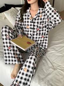DAZY Cute Plaid Cartoon Pattern Loose Pajama Set - Black and White - View 1