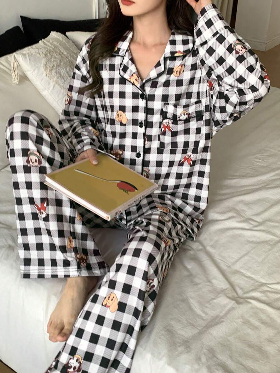 DAZY Cute Plaid Cartoon Pattern Loose Pajama Set - Black and White - View 1