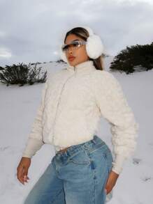 SHEIN SXY Sudadera holgada con capucha de peluche de cuello alto y manga raglán cálida para el invierno nevado y frío para mujeres - Blanco - Ver 4