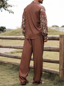 Manfinity RSRT 2pcs Men's Front Button Long Sleeve Printed Casual Shirt And Trousers Vacation Outfit Set ,Men Two Pieces Outfits ,Western Cowboy-Themed Printed Long-Sleeve Shirt And Pants Set In Brown ,Brown Pants