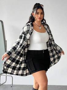 SHEIN EZwear Plus Size Women's Plaid Print Hooded Long Sleeve Jacket With Pockets - Multicolor - View 1