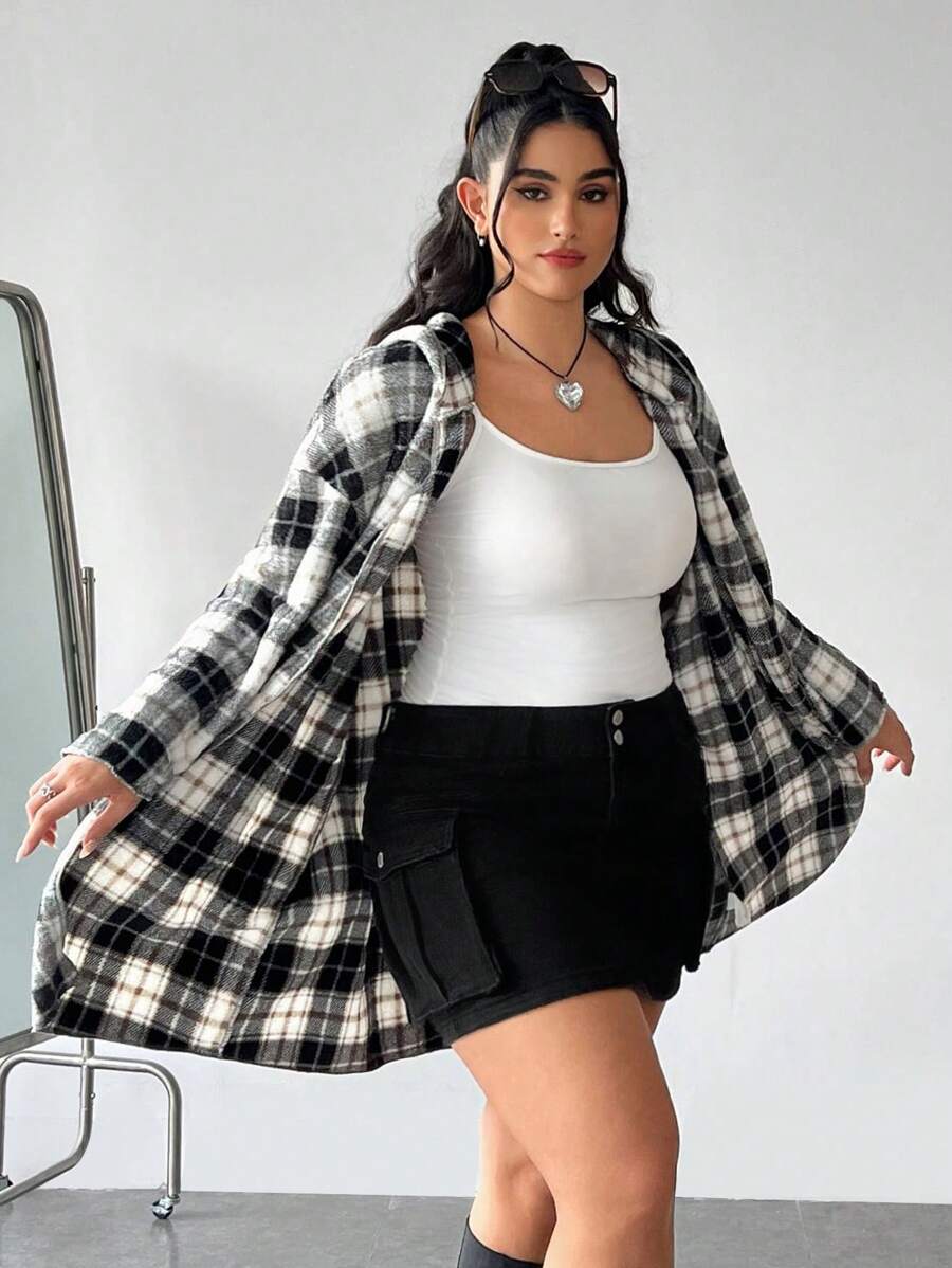 SHEIN EZwear Plus Size Women's Plaid Print Hooded Long Sleeve Jacket With Pockets - Multicolor - View 1