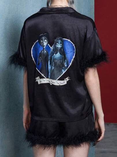 Corpse Bride X SHEIN Women Cartoon Character & Letter Print Gothic Style Dark Casual Pajama Set,Fall/Halloween