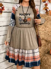 Plus Size Women's Spring Autumn Halloween Slogan Plaid Print Lantern Sleeve Casual Dress Fall Cloth For Women - Multicolor - View 1
