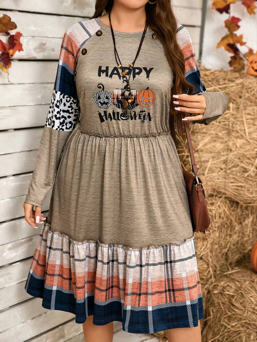 Plus Size Women's Spring Autumn Halloween Slogan Plaid Print Lantern Sleeve Casual Dress Fall Cloth For Women - Multicolor - View 1