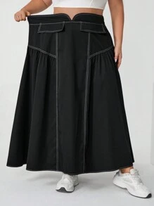SHEIN CURVE+ Plus Size Black High-Waisted A-Line Skirt With Contrast Trim