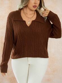 Calvaya Plus Size Casual Solid Color Dropped Shoulder Loose Knitted Sweater, Autumn & Winter Fall - Brown - View 7