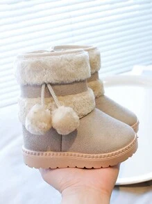 1 Pair Kids Boots, Khaki Color Plush Fur Ball Snow Boots, Soft Sole Anti-Slip, Mid-CaBootsoendy Design Suitable For Boys & Girls Outdoor, Party, Travel, Winter