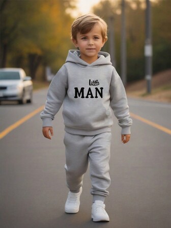 2 件装小男孩字母印花连帽衫和裤子套装