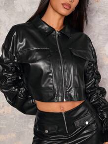 Glamine Women's Dropped Shoulder Long Sleeve Ruched PU Leather Biker Jacket, Spring Autumn - Black - View 3