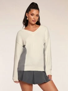 Allurite Women's Casual V-Neck Drop Shoulder Long Sleeve Contrast Color Loose Sweater, Autumn Winter Knit Pullover Fall Outfit