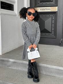 SHEIN 适合年轻女孩的纯色立领镶有宝石的针织毛衣裙 - 深灰色 - 查看 3