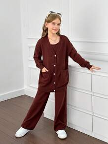 Tween Girl Loose Cardigan, Tight Tank Top & Leggings 3 Piece Knit Set - Coffee Brown - View 9
