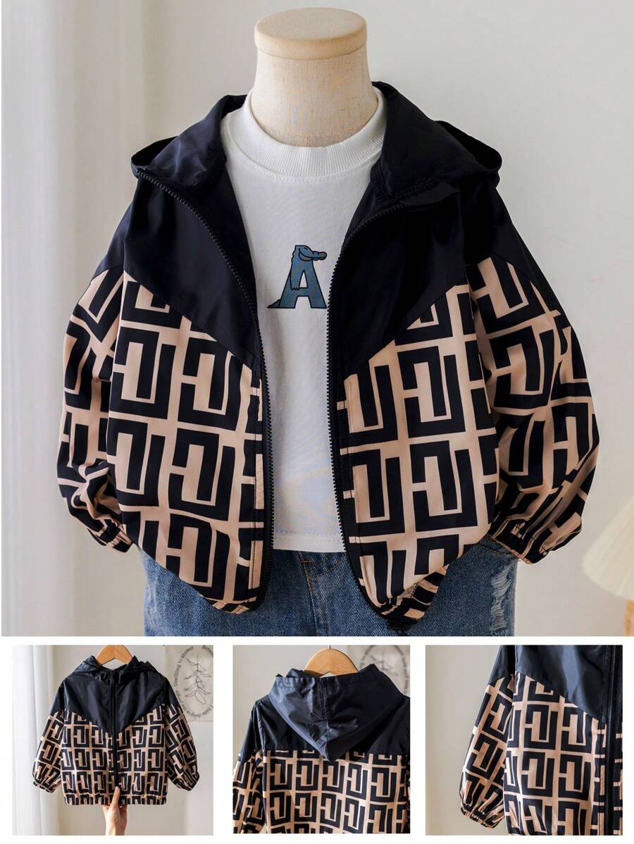 Young Girl Woven Color Block Hooded Patchwork Leopard Print Loose Casual Jacket - Multicolor - View 1