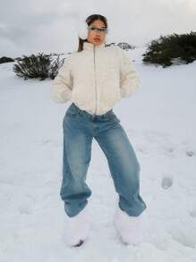 SHEIN SXY Sudadera holgada con capucha de peluche de cuello alto y manga raglán cálida para el invierno nevado y frío para mujeres - Blanco - Ver 3