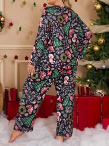 Plus Size Snowman Print Long Sleeve Top & Pants Pajama Set For Christmas, Fall Winter Clothes - Multicolor - View 2