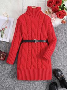 Tween 女童休闲圣诞红色宽松立领雪尼尔纹理毛衣裙，温暖百搭，适合秋冬季