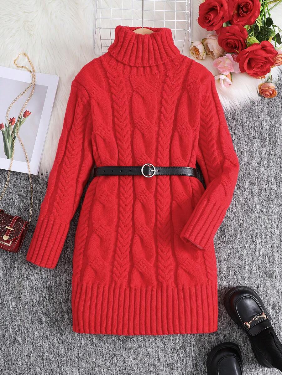 Tween 女童休闲圣诞红色宽松立领雪尼尔纹理毛衣裙，温暖百搭，适合秋冬季