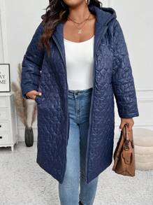 SHEIN LUNE Plus Size Quilted Midi-Length Loose Zip-Up Hooded Padded Coat, Autumn/Winter