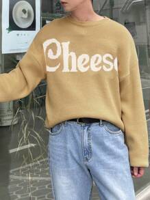 DAZY Men's Letter Print Round Neck Drop Shoulder Casual Knitted Sweater, Autumn - Yellow - View 5
