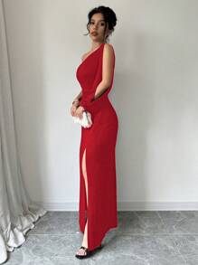 Rafferiza 女式纯色不对称领口开衩镂空长袖连衣裙新年衣服长款女装 - 紅色 - 查看 5