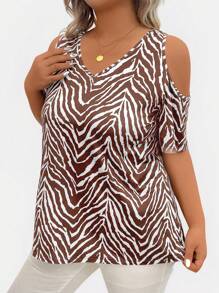 SHEIN LUNE 大码女式斑马纹露肩短袖休闲 T 恤图案 T 恤女式上衣 - 棕色 - 查看 3