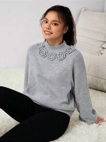 Girl & Teen Girls' Elegant Floral 3D Decorated Crew Neck Sweater. The Distinctive 3D Floral Collar Decoration Adds A Unique Style Highlight To The Overall Look. The Refined Crew Neck Design Is Simple Yet Graceful, Offering Warmth And Comfort With Its Soft, Delicate Fabric Material. This Sweater Creates A Charming, Fashionable Look For Girl And Teen Girls, Allowing Them To Radiate Confidence And Charm At Social Events.