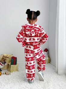 SHEIN Explorewe Bộ quần áo nỉ và tai nhung Giáng sinh thường ngày cho bé gái & bé gái, trang phục Giáng sinh bằng vải nỉ mềm mại, thích hợp để mặc hàng ngày, kết hợp với áo khoác, áo khoác và áo lông vũ - Đỏ và trắng - Xem 2