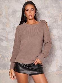 Glamine Asymmetrical Hollow Shoulder Bow Tie Raglan Sleeve Loose Fit Women Sweater Knit Pullover Fall Winter Outfit