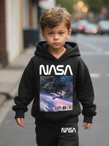 SHEIN Leap Crew 2pcs Hooded Sweatshirt & Pants Set, Casual Astronaut Print, Loose Fit, Warm For Young Boys, Autumn/Winter - Black - View 2