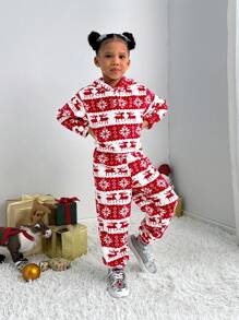 SHEIN Explorewe Bộ quần áo nỉ và tai nhung Giáng sinh thường ngày cho bé gái & bé gái, trang phục Giáng sinh bằng vải nỉ mềm mại, thích hợp để mặc hàng ngày, kết hợp với áo khoác, áo khoác và áo lông vũ - Đỏ và trắng - Xem 7