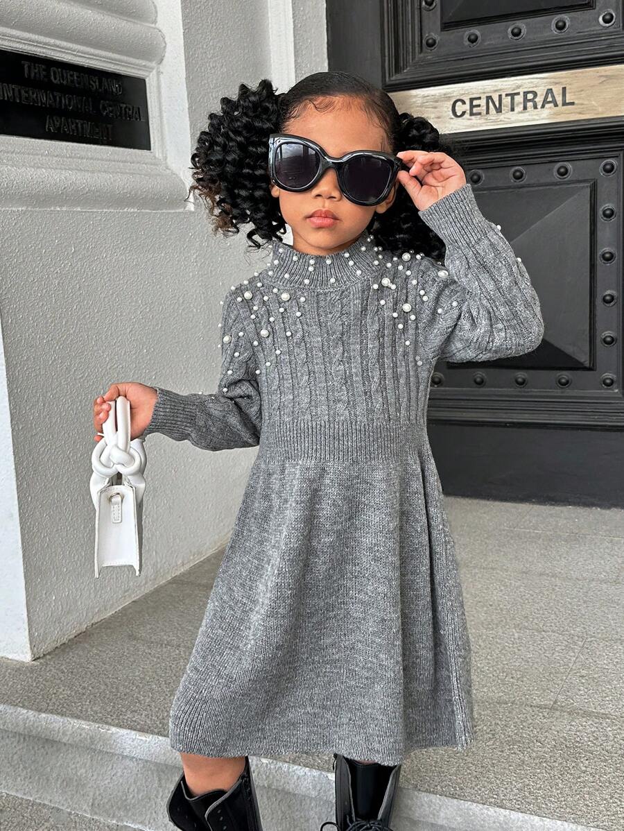 SHEIN 适合年轻女孩的纯色立领镶有宝石的针织毛衣裙 - 深灰色 - 查看 1