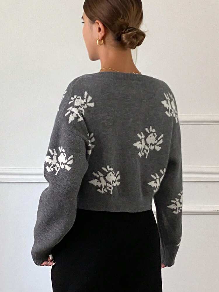 Floral Jacquard Knit Oversized Long Sleeve Sweater For Women,Fall Women Clothes Crop Women Tops