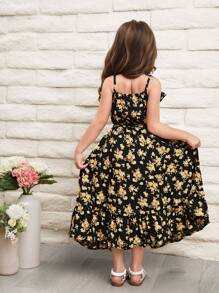 SHEIN Chica Joven Top De Tirantes Con Estampado Floral & Falda Con Dobladillo Con Volantes