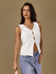 Poéselle Sommer einfarbige Strickweste mit Schlitzausschnitt und V-Ausschnitt, Lässig-Stil, einzigartiges Design