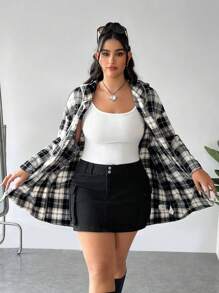 SHEIN EZwear Plus Size Women's Plaid Print Hooded Long Sleeve Jacket With Pockets - Multicolor - View 2