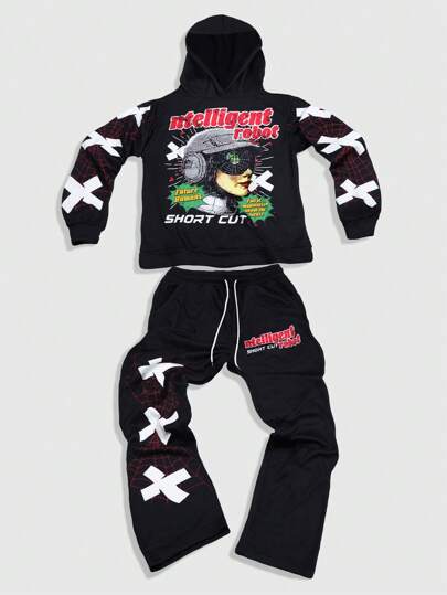 Street Life Men's Long Sleeve Figure Print Hooded Sweatshirt And Loose Straight Pants Set Tracksuit