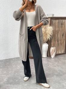 Chiquease 女式灯笼袖罗纹针织开衫，带口袋 - 卡其色 - 查看 6