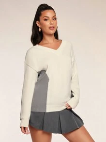 Allurite Women's Casual V-Neck Drop Shoulder Long Sleeve Contrast Color Loose Sweater, Autumn Winter Knit Pullover Fall Outfit