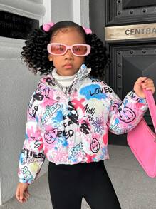 SHEIN Leap Crew Young Girl Woven Loose Casual Short Padded Coat With Geometric & Graffiti Print